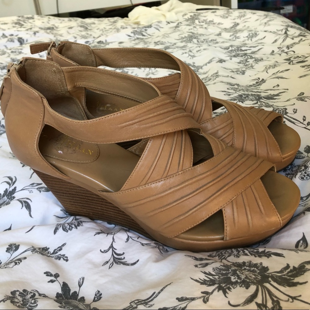 Cole Haan Tan Strappy Leather Wedges